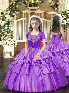 Taffeta Straps Sleeveless Lace Up Beading and Ruffled Layers Glitz Pageant Dress in Lavender