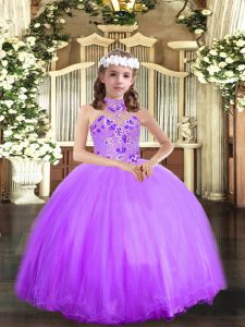 Perfect Lavender Sleeveless Floor Length Appliques Lace Up Kids Pageant Dress