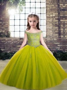 Olive Green Scoop Neckline Beading and Appliques Kids Formal Wear Sleeveless Lace Up
