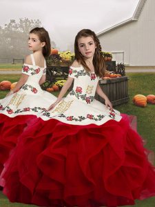Custom Designed Floor Length Lace Up Girls Pageant Dresses Red for Party and Wedding Party with Embroidery and Ruffles