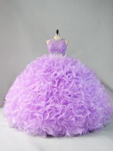 Organza Scoop Sleeveless Zipper Beading and Ruffles 15 Quinceanera Dress in Lavender
