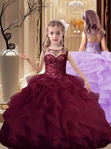 Burgundy Ball Gowns Organza Scoop Sleeveless Beading and Ruffles Lace Up Little Girl Pageant Dress Brush Train