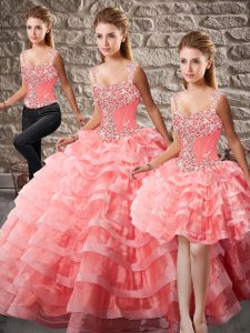 Delicate Watermelon Red Ball Gowns Straps Sleeveless Organza Court Train Lace Up Beading and Ruffled Layers Sweet 16 Quinceanera Dress