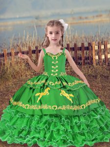 Green Lace Up Pageant Dress for Womens Beading and Embroidery and Ruffled Layers Sleeveless Floor Length