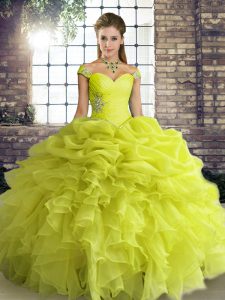 Yellow Green Organza Lace Up Quinceanera Gowns Sleeveless Floor Length Beading and Ruffles and Pick Ups