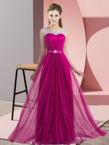 Inexpensive Fuchsia Empire Beading Dama Dress Lace Up Chiffon Sleeveless Floor Length