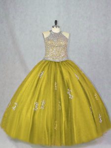 Floor Length Lace Up Quinceanera Dress Olive Green for Sweet 16 and Quinceanera with Beading and Appliques