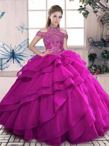 Enchanting Fuchsia Organza Lace Up High-neck Sleeveless Floor Length Quinceanera Dress Beading and Ruffled Layers