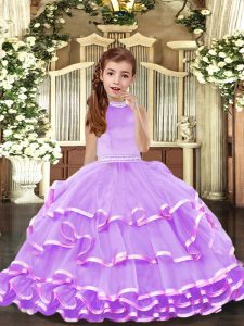 Customized Halter Top Sleeveless Little Girls Pageant Dress Floor Length Beading and Ruffled Layers Lavender Organza