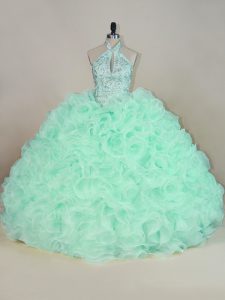 Captivating Apple Green Halter Top Neckline Beading and Ruffles 15th Birthday Dress Sleeveless Lace Up