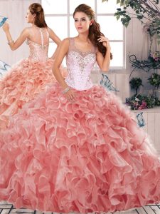 Scoop Sleeveless Organza 15 Quinceanera Dress Beading and Ruffles Clasp Handle