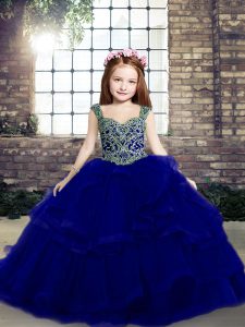 Top Selling Sleeveless Organza Floor Length Lace Up Little Girl Pageant Gowns in Royal Blue with Beading and Ruffles