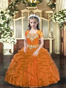 Sleeveless Tulle Floor Length Lace Up Pageant Dress Toddler in Brown with Beading and Ruffles