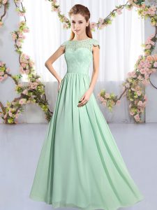 Sumptuous Apple Green Scoop Neckline Lace Dama Dress for Quinceanera Cap Sleeves Clasp Handle