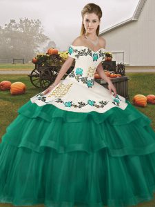 Modest Tulle Sleeveless Vestidos de Quinceanera Brush Train and Embroidery and Ruffled Layers