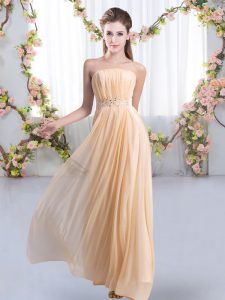 Peach Empire Strapless Sleeveless Chiffon Sweep Train Lace Up Beading Dama Dress for Quinceanera