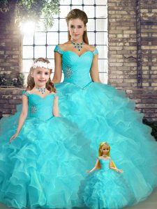 Chic Off The Shoulder Sleeveless Ball Gown Prom Dress Floor Length Beading and Ruffles Aqua Blue Organza