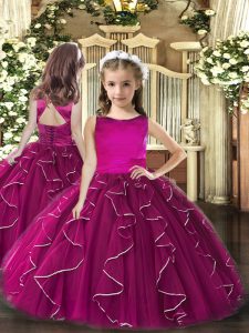 Attractive Fuchsia Little Girl Pageant Dress Party and Wedding Party with Ruffles Scoop Sleeveless Lace Up