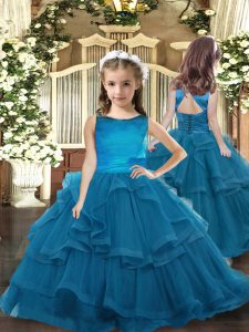 Teal Ball Gowns Scoop Sleeveless Tulle Floor Length Lace Up Ruffled Layers Pageant Gowns For Girls