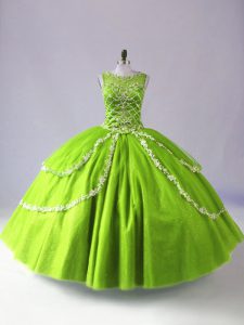 Sleeveless Tulle Floor Length Zipper Ball Gown Prom Dress in with Beading and Appliques