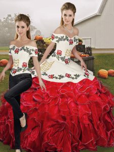 Dazzling Two Pieces Quince Ball Gowns White And Red Off The Shoulder Organza Sleeveless Floor Length Lace Up