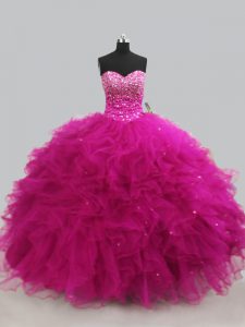 Fuchsia Tulle Lace Up Sweetheart Sleeveless Floor Length 15 Quinceanera Dress Beading and Ruffles