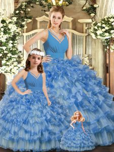 Blue Organza Backless V-neck Sleeveless Floor Length Quinceanera Gowns Ruffled Layers and Ruching