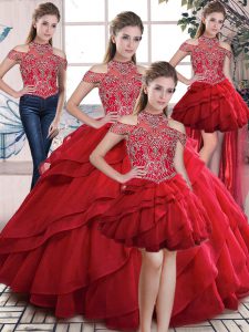Beading and Ruffles Vestidos de Quinceanera Red Lace Up Sleeveless Floor Length