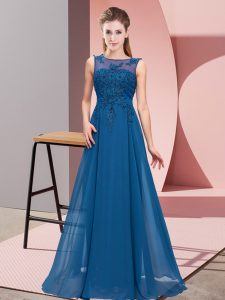 Fancy Floor Length Blue Court Dresses for Sweet 16 Scoop Sleeveless Zipper