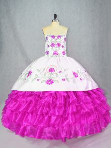 Spectacular Sweetheart Sleeveless Quinceanera Dress Floor Length Embroidery and Ruffled Layers Fuchsia Organza