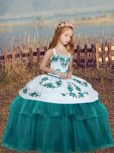 Wonderful Floor Length Ball Gowns Sleeveless Teal Child Pageant Dress Lace Up