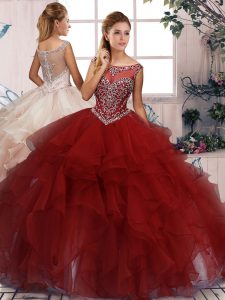 Admirable Burgundy Sleeveless Floor Length Beading and Ruffles Zipper Quinceanera Gown