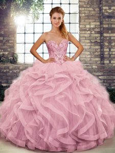 Fashionable Pink Tulle Lace Up Vestidos de Quinceanera Sleeveless Floor Length Beading and Ruffles