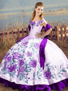 White And Purple Ball Gowns Embroidery and Ruffles Quinceanera Gown Lace Up Satin Sleeveless Floor Length