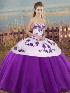 Edgy Embroidery and Bowknot Ball Gown Prom Dress White And Purple Lace Up Sleeveless Floor Length