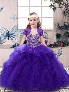 Amazing Straps Sleeveless Little Girls Pageant Dress Floor Length Beading Purple Tulle