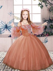 Rust Red Lace Up Straps Beading Pageant Gowns For Girls Tulle Sleeveless