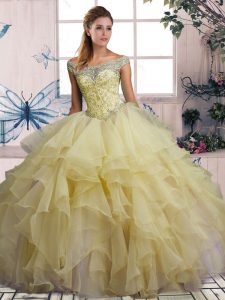 Beading and Ruffles Quince Ball Gowns Yellow Lace Up Sleeveless Floor Length