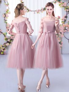 Pink Tulle Lace Up Off The Shoulder Half Sleeves Tea Length Dama Dress Appliques and Belt