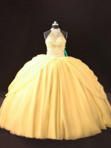 Custom Fit Halter Top Sleeveless Lace Up Quinceanera Gowns Gold Tulle