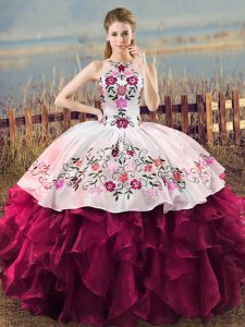High Quality Fuchsia Organza Lace Up Sweet 16 Dress Sleeveless Floor Length Embroidery and Ruffles