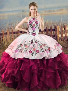 High Quality Fuchsia Organza Lace Up Sweet 16 Dress Sleeveless Floor Length Embroidery and Ruffles