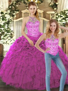 Exquisite Fuchsia Lace Up Halter Top Beading and Ruffles Vestidos de Quinceanera Organza Sleeveless