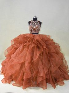 Organza Sleeveless Vestidos de Quinceanera Brush Train and Beading and Ruffles
