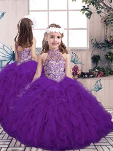 Sleeveless Floor Length Beading and Ruffles Lace Up Girls Pageant Dresses with Purple