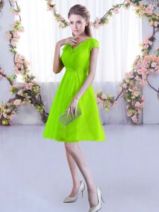 Yellow Green Lace Up V-neck Lace Quinceanera Dama Dress Lace Cap Sleeves