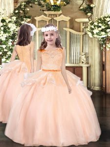 Peach Zipper Little Girl Pageant Dress Lace Sleeveless Floor Length