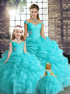 Organza Off The Shoulder Sleeveless Lace Up Beading and Ruffles and Pick Ups Quince Ball Gowns in Aqua Blue