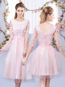 Beautiful Baby Pink Scoop Lace Up Lace and Belt Damas Dress Half Sleeves