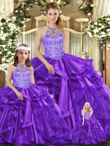 Cute Purple Lace Up Halter Top Beading and Ruffles 15 Quinceanera Dress Organza Sleeveless